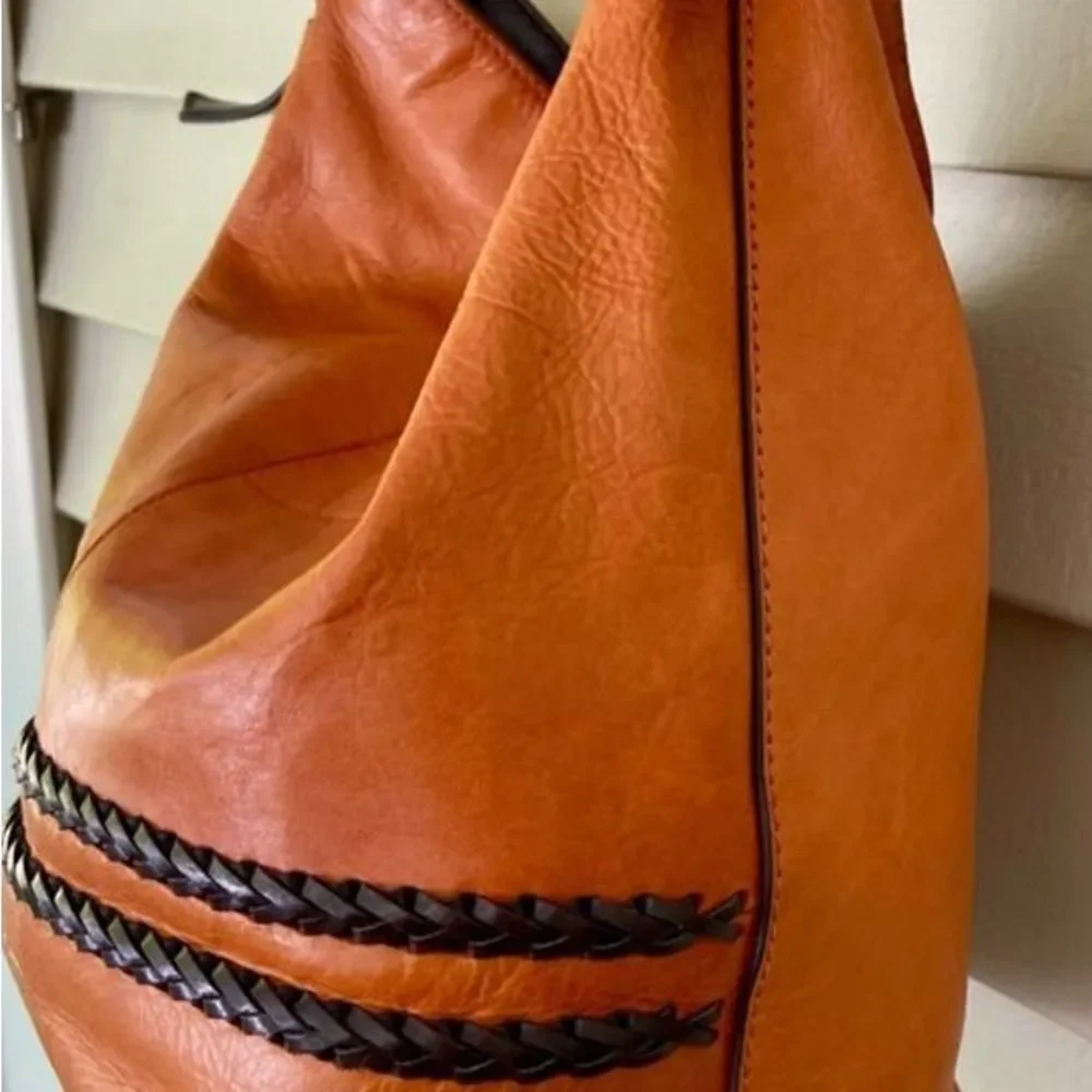 Tignanello Orangish Brown Leather Hobo Bag Purse Dark Brown Accents 13 X 13 In